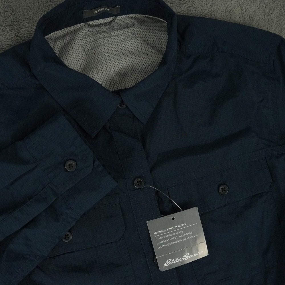 Eddie Bauer Mountain Ripstop Shirt Womens M Indigo Blue UPF 50+ Roll Tab Vented